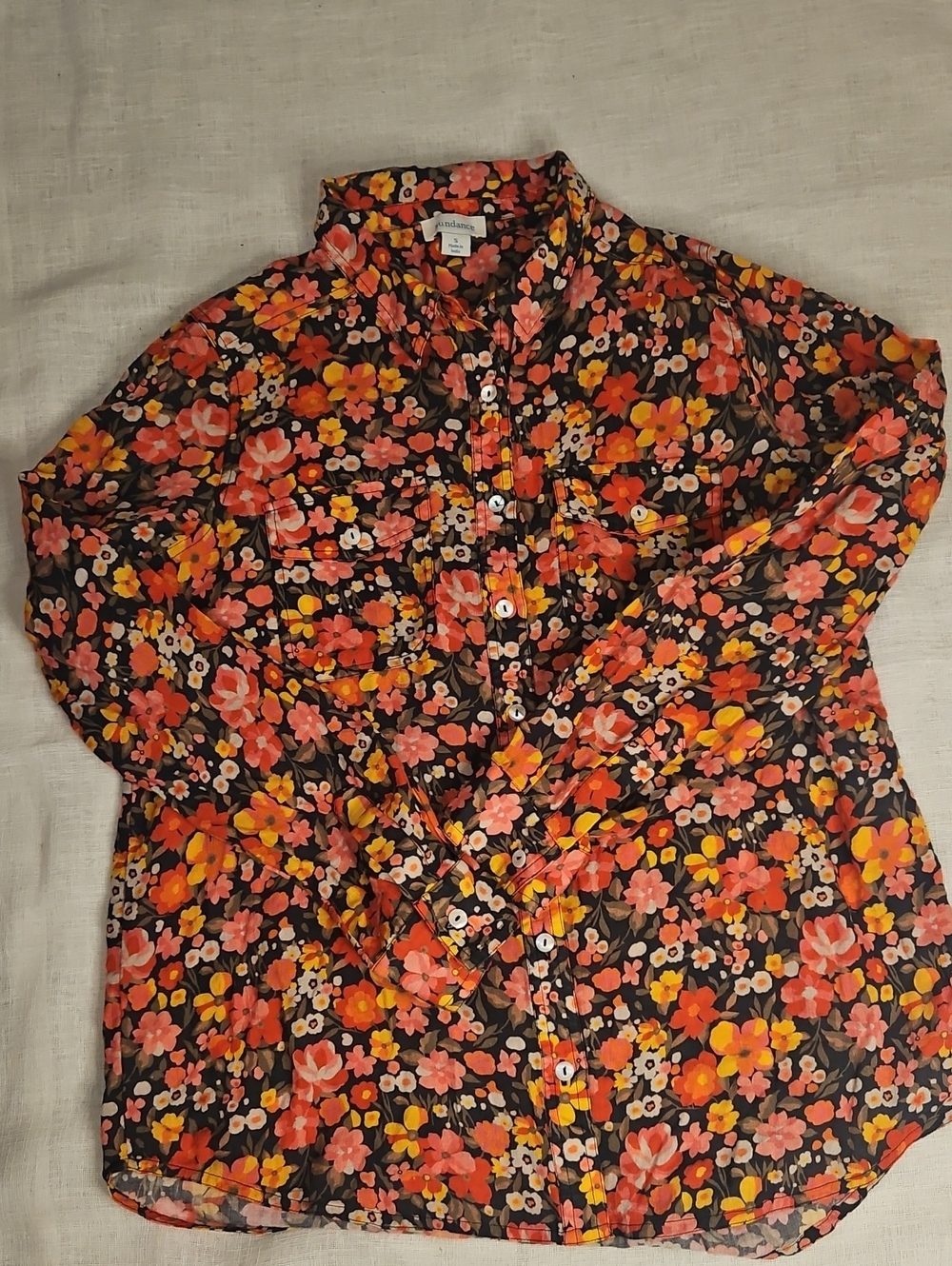 Sundance Floral Button-Front Blouse - Black with Pink & Orange Flowers